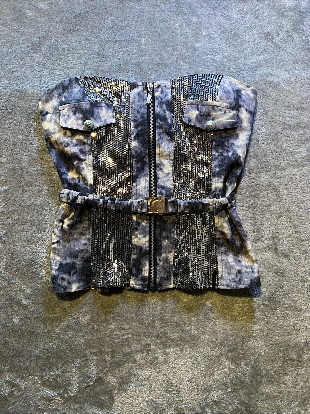 Strapless Tie-Dye Sequin Belted Tank Top - Black/Gray